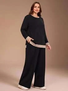 SHEIN BASICS Plus Size Women's Colorblock Crew Neck Long Sleeve Sweatshirt And Pants Casual Traditional Set Lounge Formal Black Autumn Fall - Black - View 9