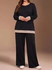SHEIN BASICS Plus Size Women's Colorblock Crew Neck Long Sleeve Sweatshirt And Pants Casual Traditional Set Lounge Formal Black Autumn Fall - Black - View 5