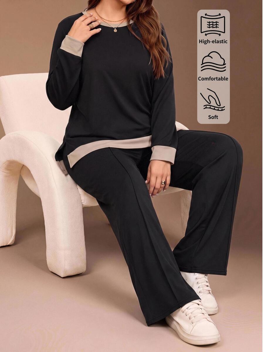 SHEIN BASICS Plus Size Women's Colorblock Crew Neck Long Sleeve Sweatshirt And Pants Casual Traditional Set Lounge Formal Black Autumn Fall - Black - View 1