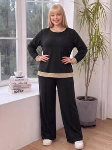 SHEIN BASICS Plus Size Women's Colorblock Crew Neck Long Sleeve Sweatshirt And Pants Casual Traditional Set Lounge Formal Black Autumn Fall - Black - View 7