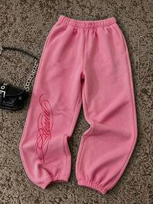 Rovax Celana Sweatpants Wanita Motif Huruf Kasual Serbaguna untuk Pemakaian Sehari-hari - Berwarna merah muda - View 6