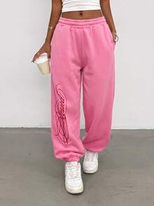 Rovax Celana Sweatpants Wanita Motif Huruf Kasual Serbaguna untuk Pemakaian Sehari-hari - Berwarna merah muda - View 7