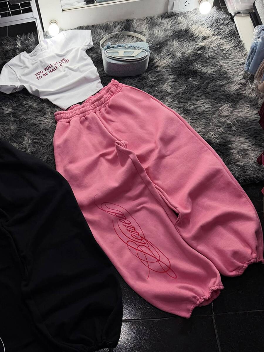 Rovax Celana Sweatpants Wanita Motif Huruf Kasual Serbaguna untuk Pemakaian Sehari-hari - Berwarna merah muda - View 1