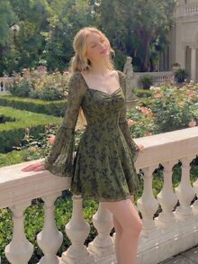 SHEIN MOD Women's Floral Print Pleated Casual Party Mini Dress - Army Green - View 3