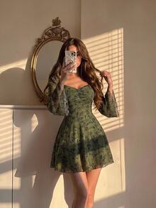 SHEIN MOD Women's Floral Print Pleated Casual Party Mini Dress - Army Green - View 1