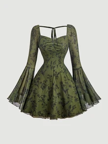 SHEIN MOD Women's Floral Print Pleated Casual Party Mini Dress - Army Green - View 2