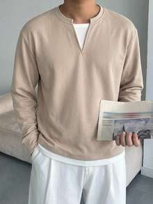 DAZY Men's Long Sleeve 2 In 1 T-Shirt, Plain Velvet Fabric, Apricot Body With White Fabric Hem And Collar, Spring/Autumn - Apricot - View 1