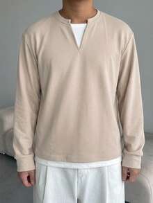 DAZY Men's Long Sleeve 2 In 1 T-Shirt, Plain Velvet Fabric, Apricot Body With White Fabric Hem And Collar, Spring/Autumn - Apricot - View 6