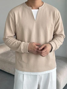 DAZY Men's Long Sleeve 2 In 1 T-Shirt, Plain Velvet Fabric, Apricot Body With White Fabric Hem And Collar, Spring/Autumn - Apricot - View 3