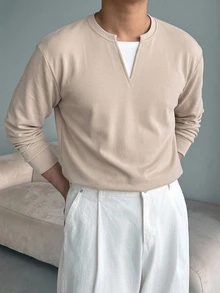 DAZY Men's Long Sleeve 2 In 1 T-Shirt, Plain Velvet Fabric, Apricot Body With White Fabric Hem And Collar, Spring/Autumn - Apricot - View 4