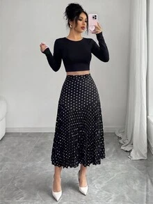 Elenzga Women's Polka Dot Print Pleated Casual/Work Midi Skirt - Black - View 6