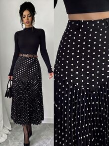 Elenzga Women's Polka Dot Print Pleated Casual/Work Midi Skirt - Black - View 1