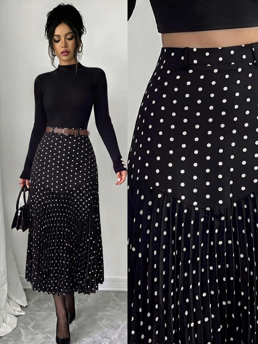 Elenzga Women's Polka Dot Print Pleated Casual/Work Midi Skirt - Black - View 1