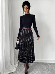 Elenzga Women's Polka Dot Print Pleated Casual/Work Midi Skirt - Black - View 5