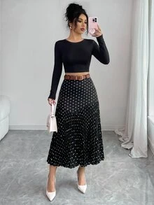 Elenzga Women's Polka Dot Print Pleated Casual/Work Midi Skirt - Black - View 3