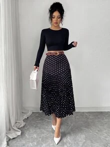 Elenzga Women's Polka Dot Print Pleated Casual/Work Midi Skirt - Black - View 4