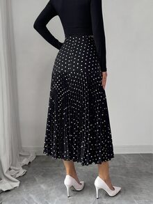 Elenzga Women's Polka Dot Print Pleated Casual/Work Midi Skirt - Black - View 2