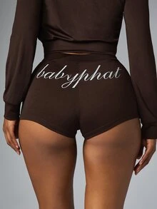 BABYPHAT Celana Pendek Mini Blok Warna dengan Tali Serut di Pinggang, Saku Samping, dan Cetakan Logo di Bagian Depan dan Belakang Pinggang. - Coffee Brown - View 5