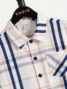 SHEIN 青少年男孩格紋印花鈕扣前襟休閒短袖襯衫，白色夏季襯衫，返校季、度假街頭風、假日學院風 - 彩色 - 查看 8