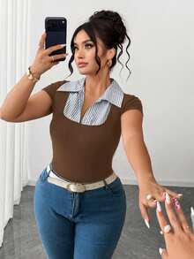 SHEIN Clasi Plus Size Women Striped 2 In 1 Patchwork Casual Versatile Daily Wear T-Shirt - Coffee Brown - View 7