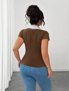 SHEIN Clasi Plus Size Women Striped 2 In 1 Patchwork Casual Versatile Daily Wear T-Shirt - Coffee Brown - View 2