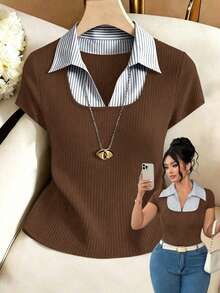 SHEIN Clasi Plus Size Women Striped 2 In 1 Patchwork Casual Versatile Daily Wear T-Shirt - Coffee Brown - View 9