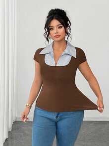 SHEIN Clasi Plus Size Women Striped 2 In 1 Patchwork Casual Versatile Daily Wear T-Shirt - Coffee Brown - View 4