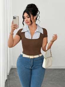 SHEIN Clasi Plus Size Women Striped 2 In 1 Patchwork Casual Versatile Daily Wear T-Shirt - Coffee Brown - View 1