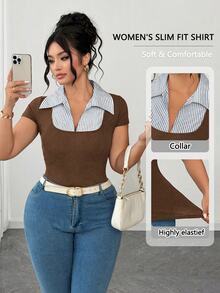 SHEIN Clasi Plus Size Women Striped 2 In 1 Patchwork Casual Versatile Daily Wear T-Shirt - Coffee Brown - View 3