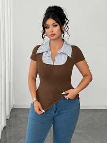 SHEIN Clasi Plus Size Women Striped 2 In 1 Patchwork Casual Versatile Daily Wear T-Shirt - Coffee Brown - View 5