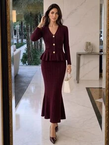 NOVVYNE Elegant Commuter V-Neck Hollow Knit Bodycon Dress Mermaid Skirt Mid-Length Sweater 2 Pieces Set - Red Violet - View 5