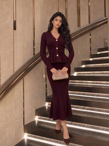 NOVVYNE Elegant Commuter V-Neck Hollow Knit Bodycon Dress Mermaid Skirt Mid-Length Sweater 2 Pieces Set - Red Violet - View 3