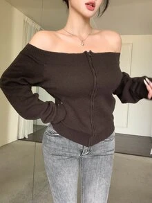 DAZY Women's Casual Solid Color Off-Shoulder Cardigan, Autumn/Winter - Brown - View 8