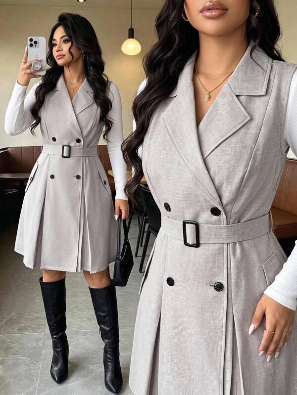 Elenzga Plus Size Women's Summer Elegant Vacation Linen-Like Woven Fabric Large Lapel Double-Breasted Sleeveless Cinched Waist Button Tie Pleated A-Line Trench Coat Jacket