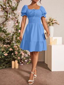 Rafferiza Women's Solid Color Simple Daily Puff Sleeve Dress - Blue - View 6