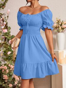 Rafferiza Women's Solid Color Simple Daily Puff Sleeve Dress - Blue - View 5