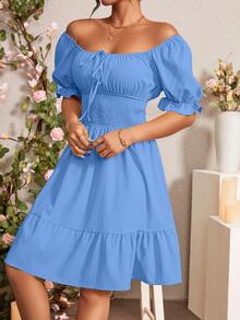 Rafferiza Women's Solid Color Simple Daily Puff Sleeve Dress - Blue - View 4