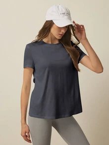 SHEIN Rhythm Era 女款大尺碼夏季透氣露背交叉包覆短袖運動T恤 - 深灰色 - 查看 5
