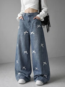 FRIFUL Women's Korean Style Streetwear Y2k Cute Bow Decor Rhinestone Loose Fit Denim Jeans Everyday School Dark Wash Summer - Blue - View 3