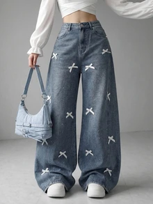 FRIFUL Women's Korean Style Streetwear Y2k Cute Bow Decor Rhinestone Loose Fit Denim Jeans Everyday School Dark Wash Summer - Blue - View 5