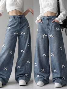 FRIFUL Women's Korean Style Streetwear Y2k Cute Bow Decor Rhinestone Loose Fit Denim Jeans Everyday School Dark Wash Summer - Blue - View 1
