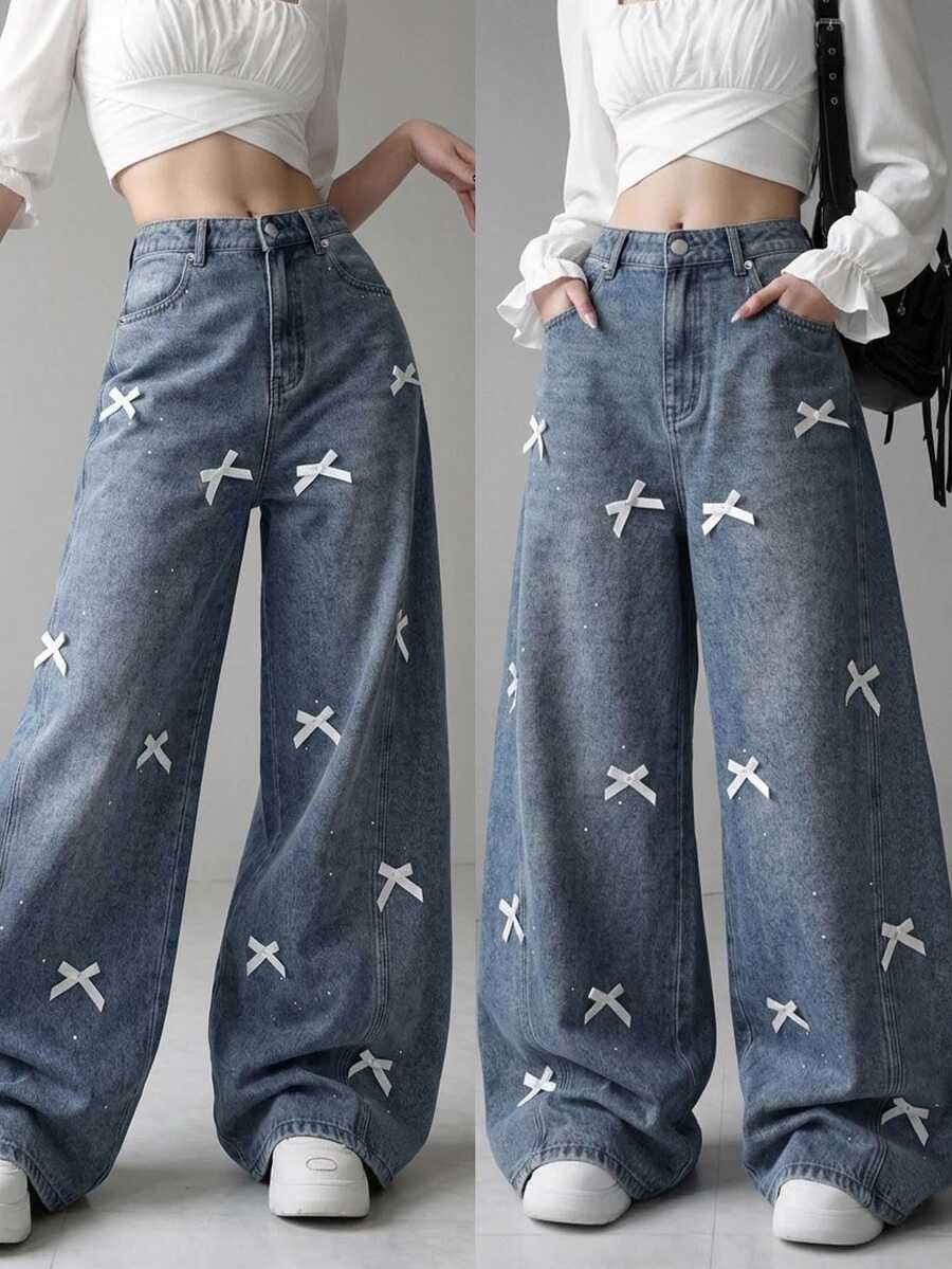 FRIFUL Women's Korean Style Streetwear Y2k Cute Bow Decor Rhinestone Loose Fit Denim Jeans Everyday School Dark Wash Summer - Blue - View 1