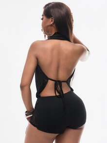 Vadaroq Women's Sexy Draped Neck Backless Fitted Romper Unitard - Black - View 3