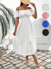 Breezaya Women's Off Shoulder Embroidery Detail Belted Dress Maxi Vacation Beach Outfit - White - View 1