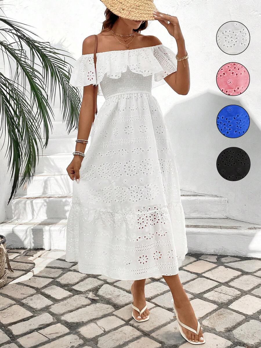 Breezaya Women's Off Shoulder Embroidery Detail Belted Dress Maxi Vacation Beach Outfit - White - View 1