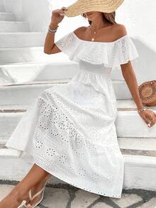 Breezaya Women's Off Shoulder Embroidery Detail Belted Dress Maxi Vacation Beach Outfit - White - View 6