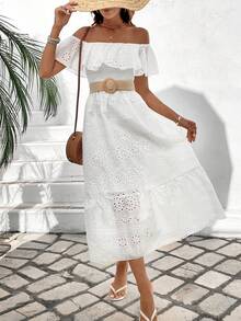 Breezaya Women's Off Shoulder Embroidery Detail Belted Dress Maxi Vacation Beach Outfit - White - View 4