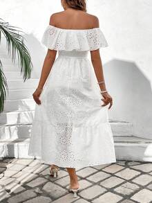 Breezaya Women's Off Shoulder Embroidery Detail Belted Dress Maxi Vacation Beach Outfit - White - View 2