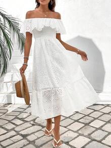 Breezaya Women's Off Shoulder Embroidery Detail Belted Dress Maxi Vacation Beach Outfit - White - View 5