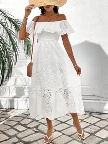 Breezaya Women's Off Shoulder Embroidery Detail Belted Dress Maxi Vacation Beach Outfit - White - View 3